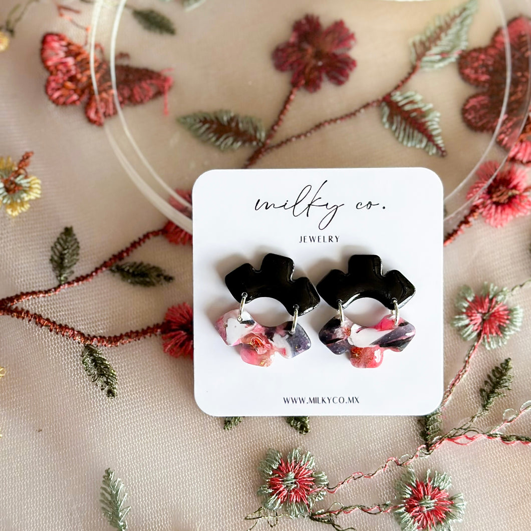 Double Flower Pink & Black Marble Aretes